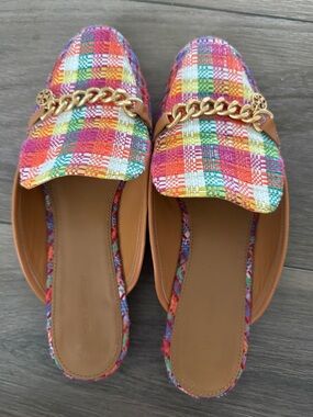 Tory Burch Multicolor Plaid Chain-Trim Women’s Slip-On Mule-size 10